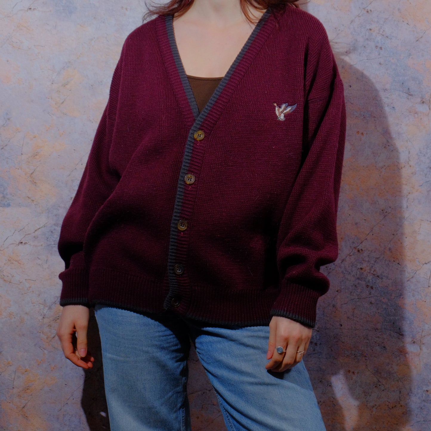 crazy goose coming towards you burgundy cardigan