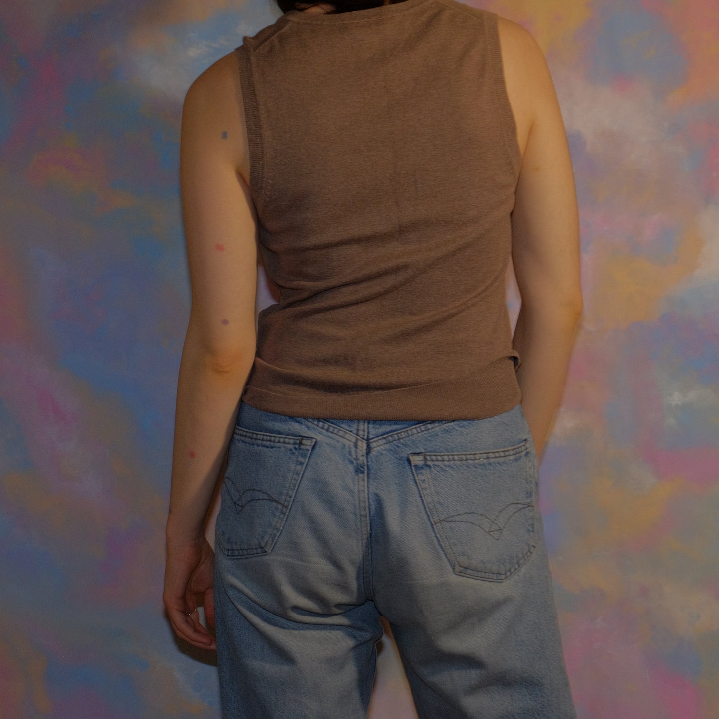 dragonfly on a lake brown vest top