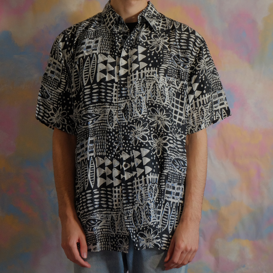 vois sur ton chemin black and white silk shirt