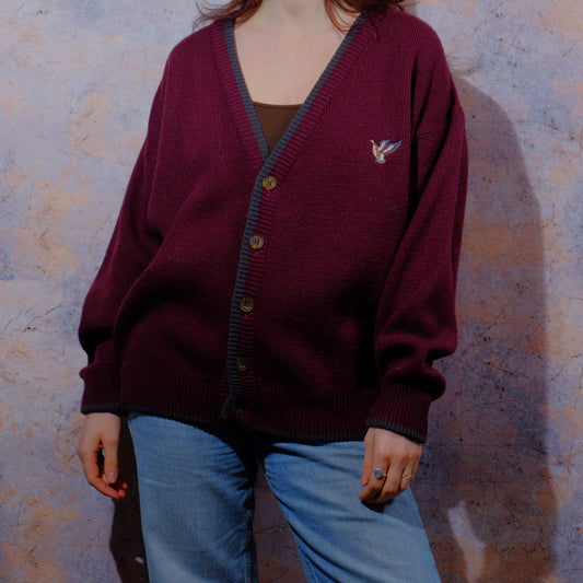 crazy goose coming towards you burgundy cardigan