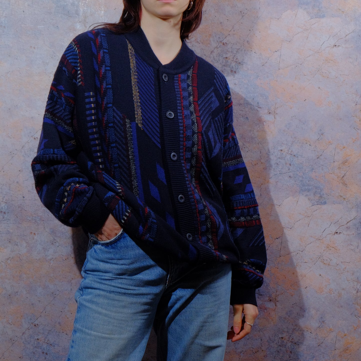 sometimes the blanket is just too heavy blue knitted jacket