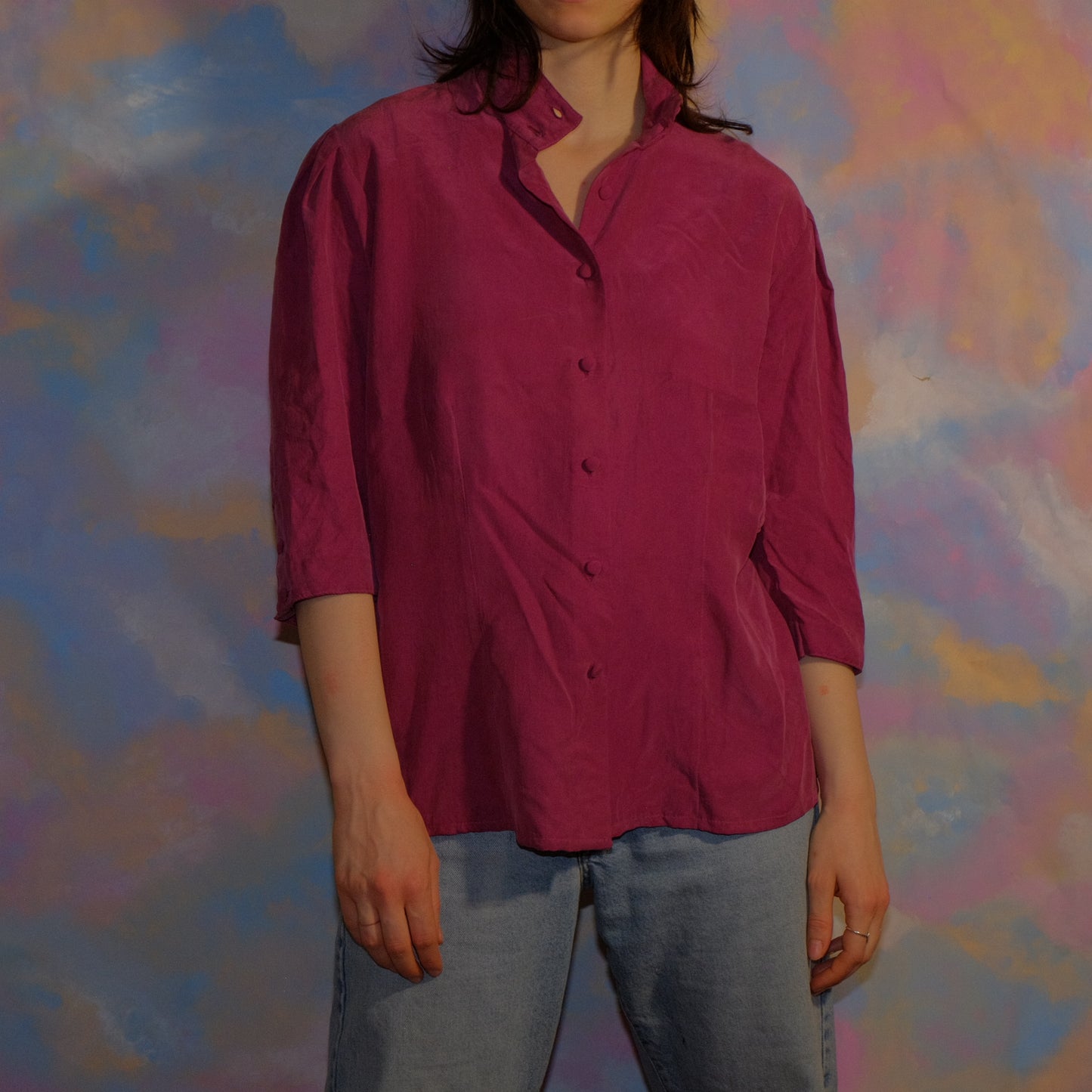 the collar is not so messed up as it looks silk burgundy shirt